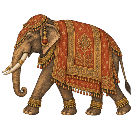 A decorated elephant walking the road