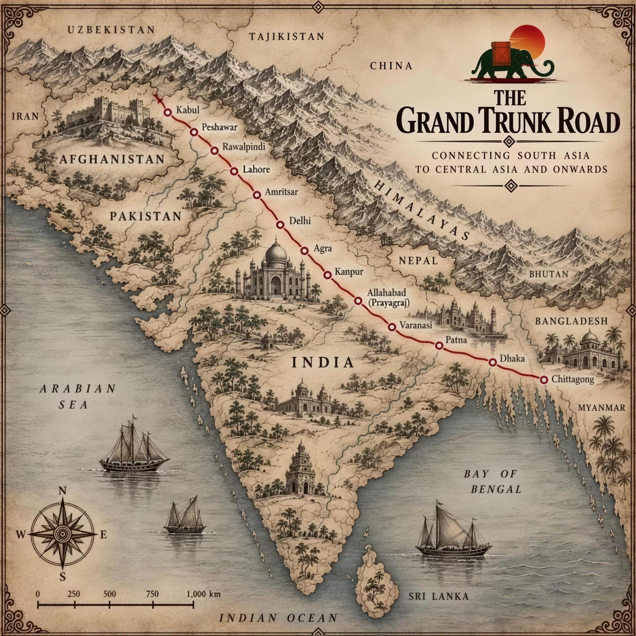 The Grand Trunk Road map, from Chittagong to Kabul